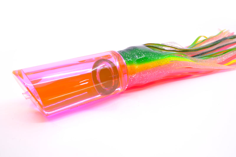 Moyes Lures Pink Mirrored Taxi Eyes Large Pipe Bomb 14" 12.3oz Skirted Green-Yellow-Pink