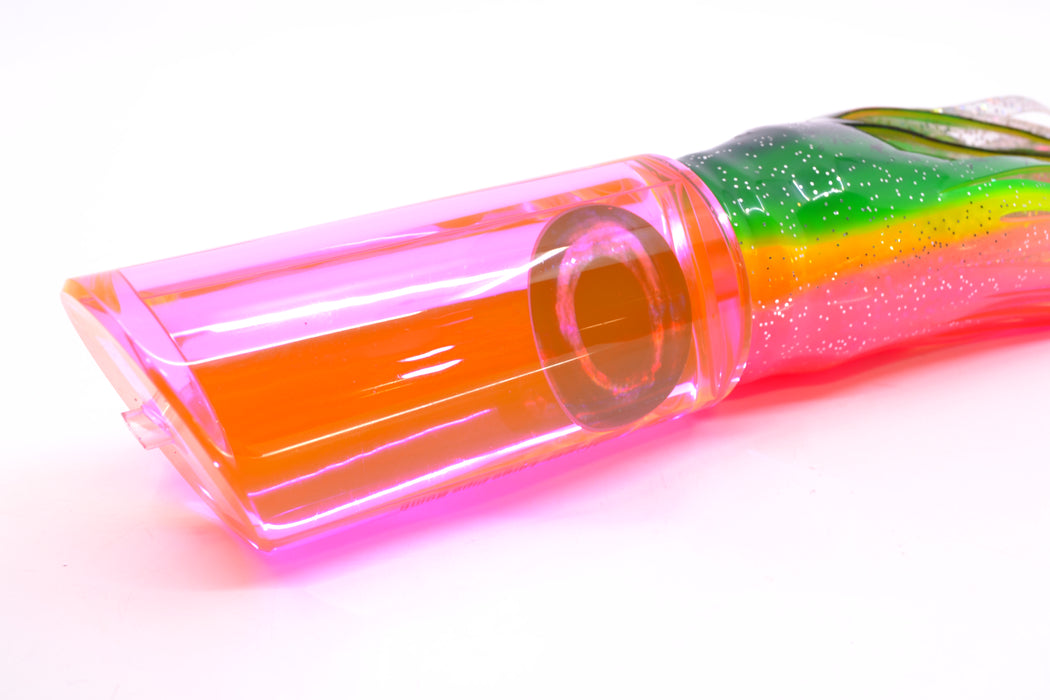 Moyes Lures Pink Mirrored Taxi Eyes Large Pipe Bomb 14" 12.3oz Skirted Green-Yellow-Pink