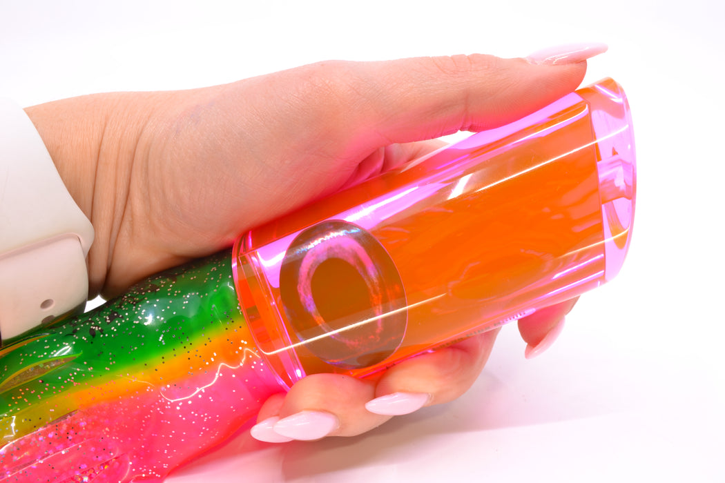 Moyes Lures Pink Mirrored Taxi Eyes Large Pipe Bomb 14" 12.3oz Skirted Green-Yellow-Pink