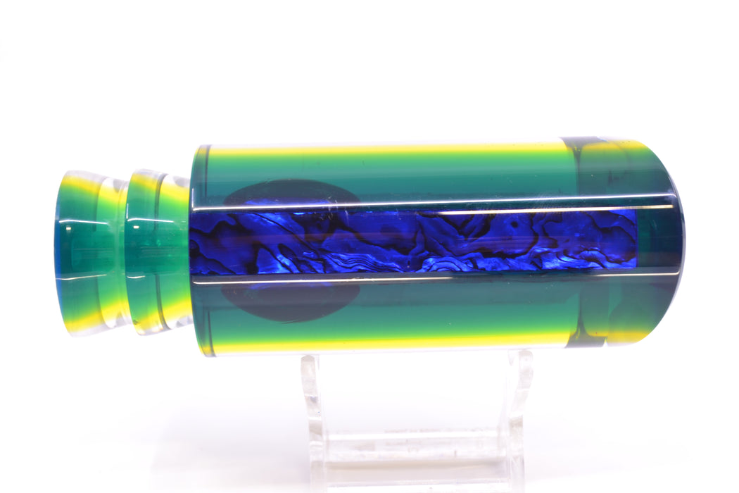Moyes Lures Paua-MOP Blue-Yellow Back Taxi Eyes Large Pipe Bomb 14" 8.5oz