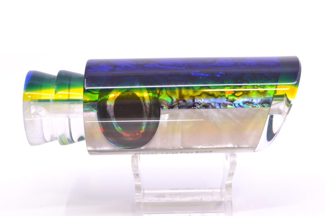 Moyes Lures Paua-MOP Blue-Yellow Back Taxi Eyes Large Pipe Bomb 14" 8.5oz