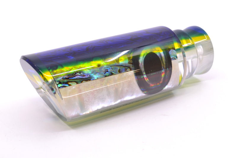 Moyes Lures Paua-MOP Blue-Yellow Back Taxi Eyes Large Pipe Bomb 14" 8.5oz