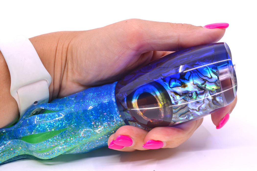 Moyes Lures Paua Shell Blue Back Large Argus 14" 10oz Skirted Blue Dots/Green