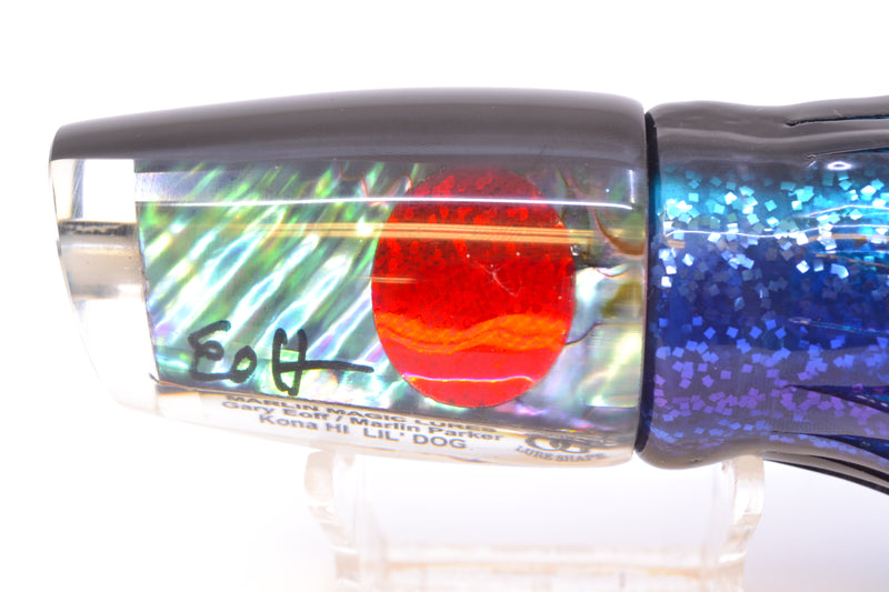 Marlin Magic Blue-Purple Abalone Black Back Red Eyes Lil Dog 12" 8.5oz Skirted