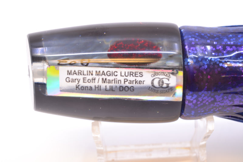 Marlin Magic Blue-Purple Abalone Black Back Red Eyes Lil Dog 12" 8.5oz Skirted