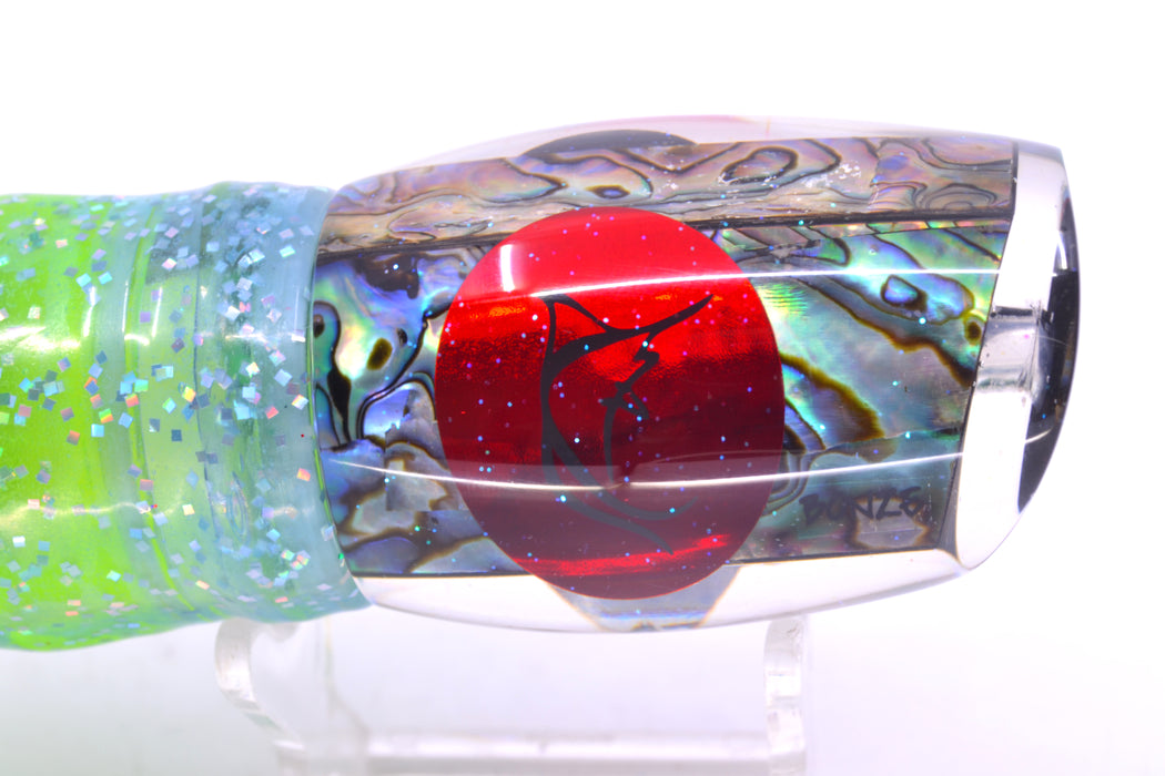 Bonze Lures Paua Shell Red Eyes ATM 10" 6oz Skirted Ice Blue/Rainbow