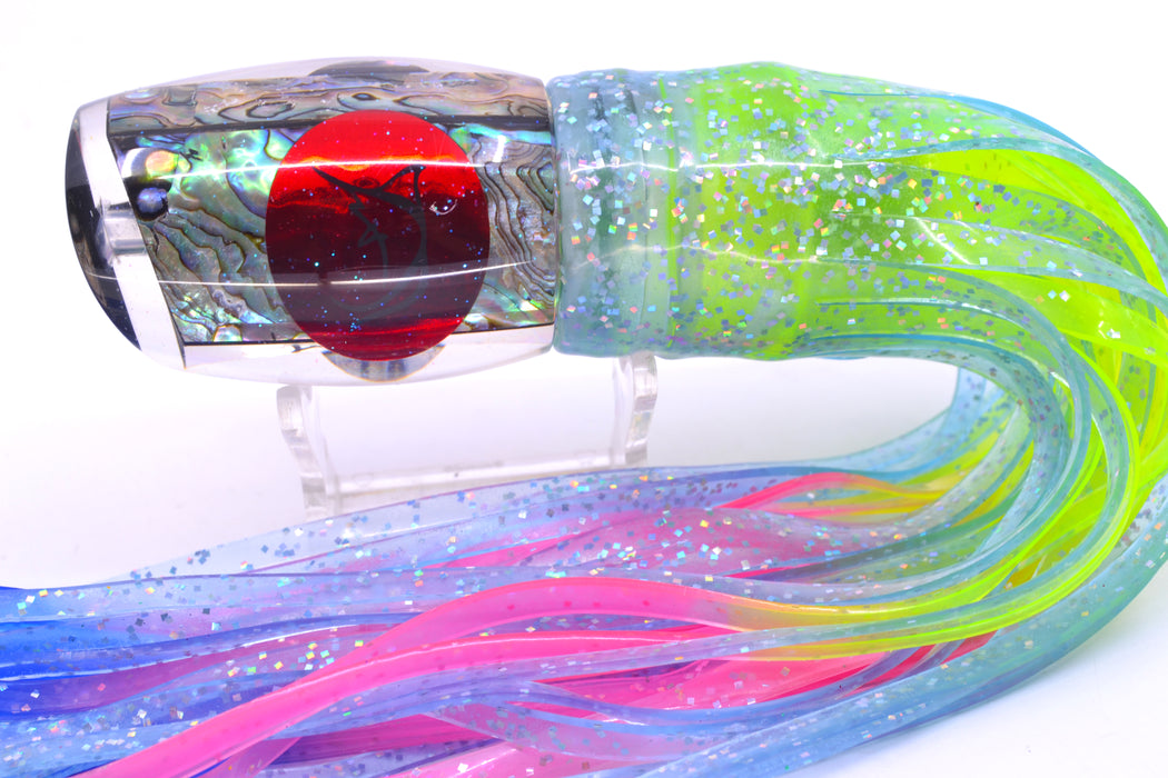 Bonze Lures Paua Shell Red Eyes ATM 10" 6oz Skirted Ice Blue/Rainbow