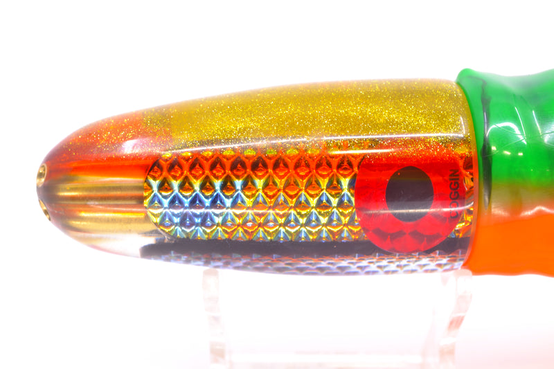 Coggin Lures Blue-Orange Dichro Yellow-Orange Back 4-Hole Bishops Bullet 12" 7.8oz Skirted