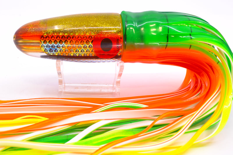 Coggin Lures Blue-Orange Dichro Yellow-Orange Back 4-Hole Bishops Bullet 12" 7.8oz Skirted