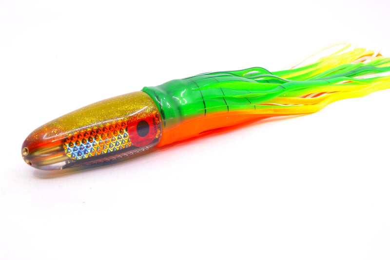 Coggin Lures Blue-Orange Dichro Yellow-Orange Back 4-Hole Bishops Bullet 12" 7.8oz Skirted
