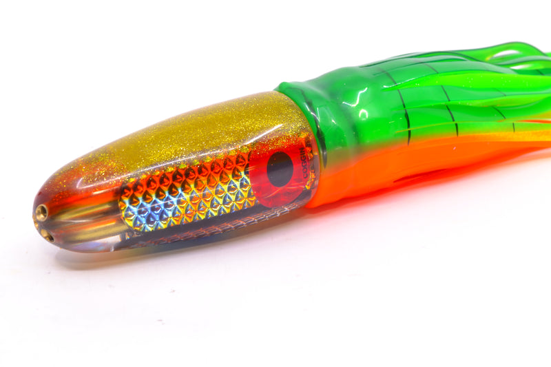 Coggin Lures Blue-Orange Dichro Yellow-Orange Back 4-Hole Bishops Bullet 12" 7.8oz Skirted