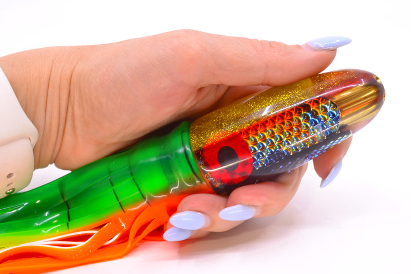 Coggin Lures Blue-Orange Dichro Yellow-Orange Back 4-Hole Bishops Bullet 12" 7.8oz Skirted