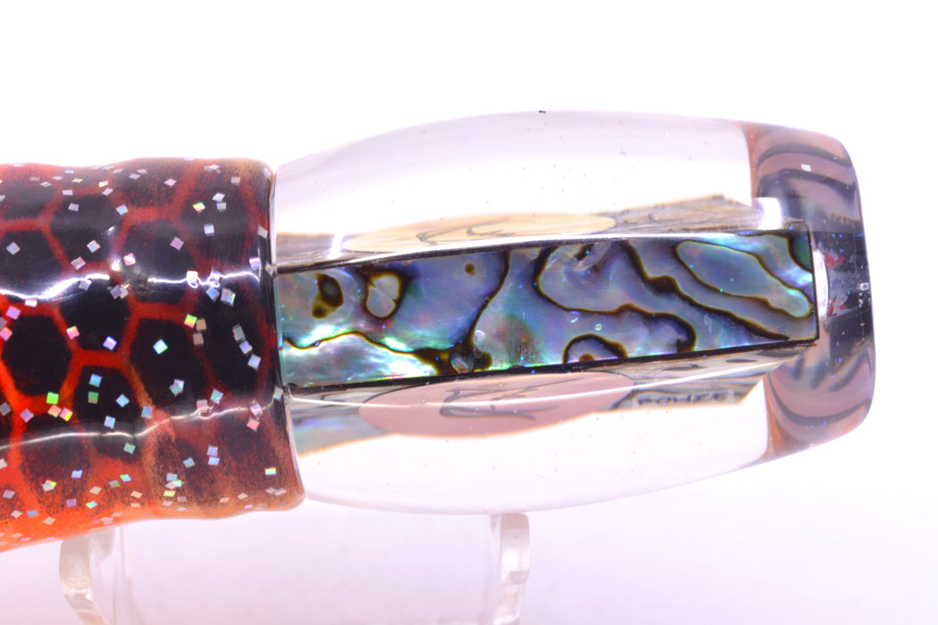 Bonze Lures Paua Shell Red Eyes ATM 10" 6oz Skirted Orange-Black Dots/Kajiki