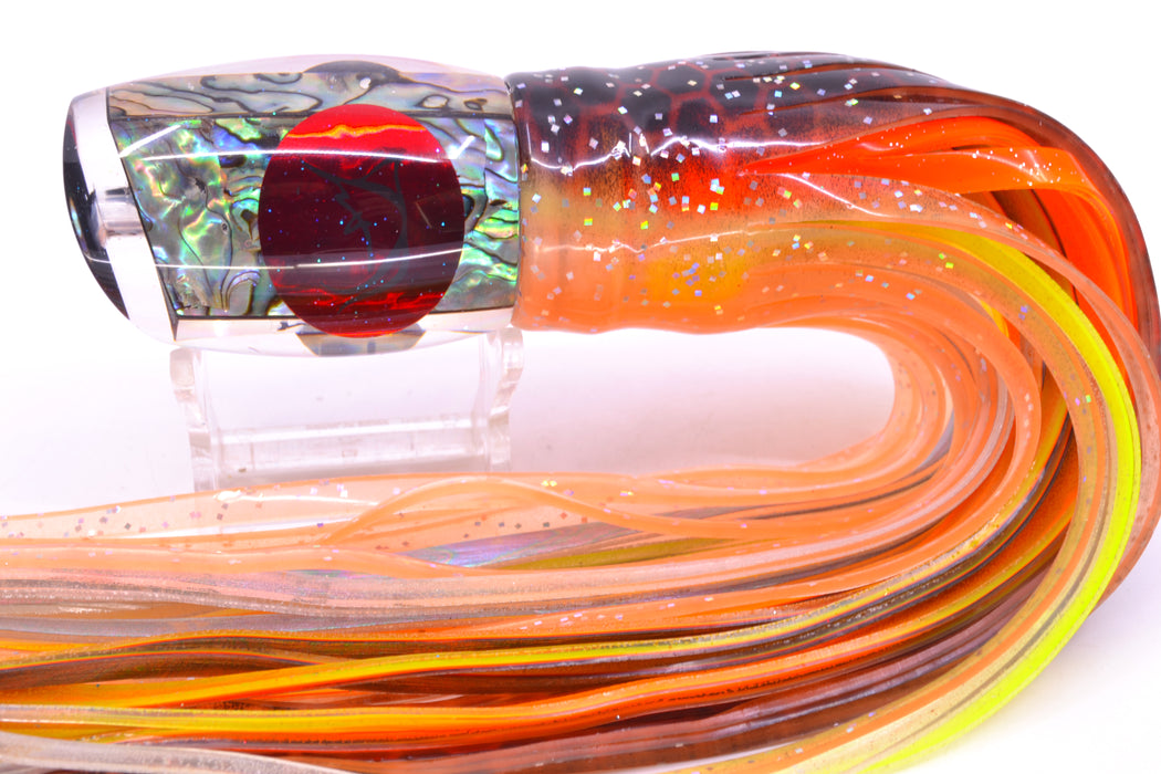 Bonze Lures Paua Shell Red Eyes ATM 10" 6oz Skirted Orange-Black Dots/Kajiki