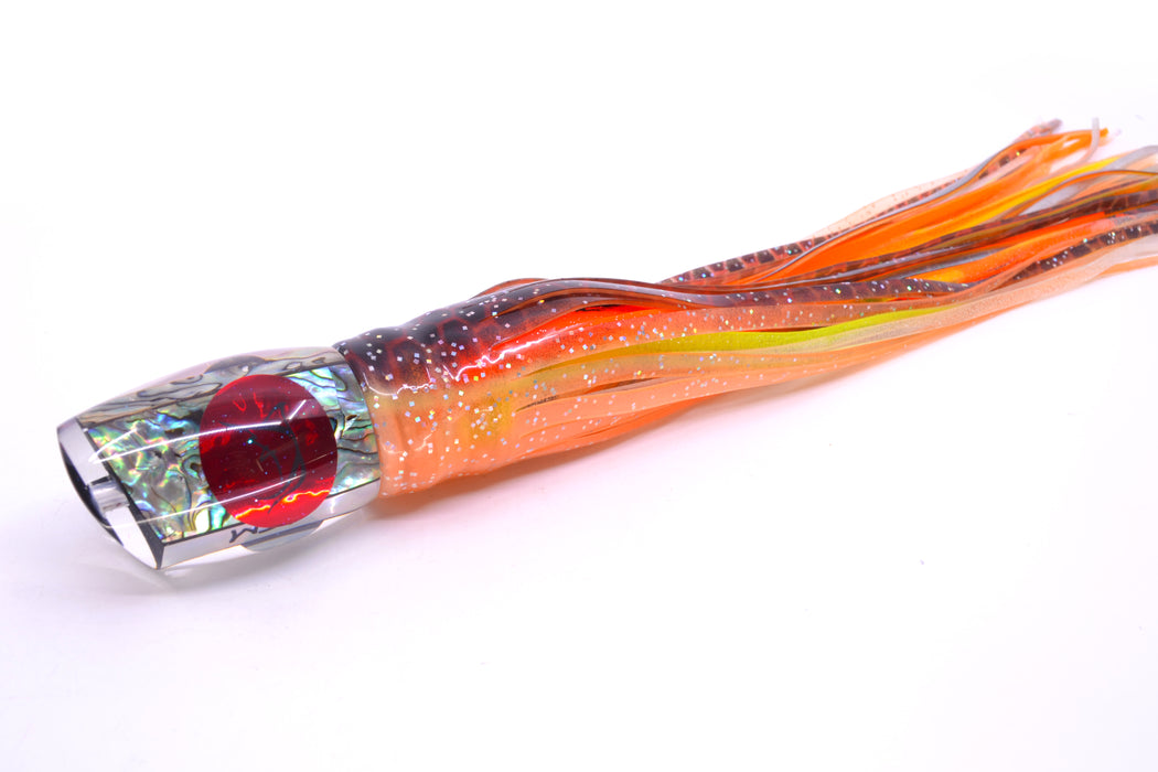 Bonze Lures Paua Shell Red Eyes ATM 10" 6oz Skirted Orange-Black Dots/Kajiki