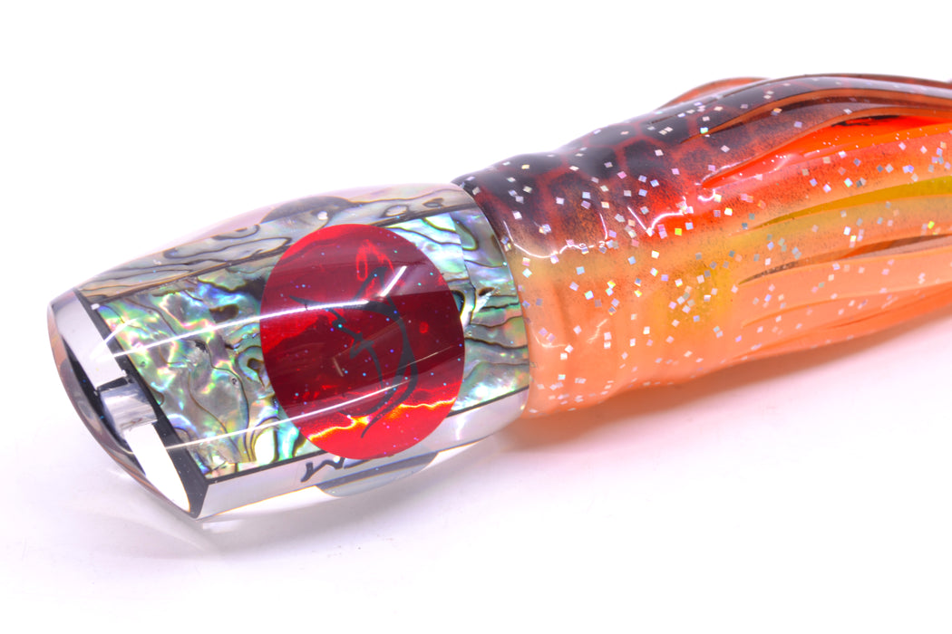 Bonze Lures Paua Shell Red Eyes ATM 10" 6oz Skirted Orange-Black Dots/Kajiki