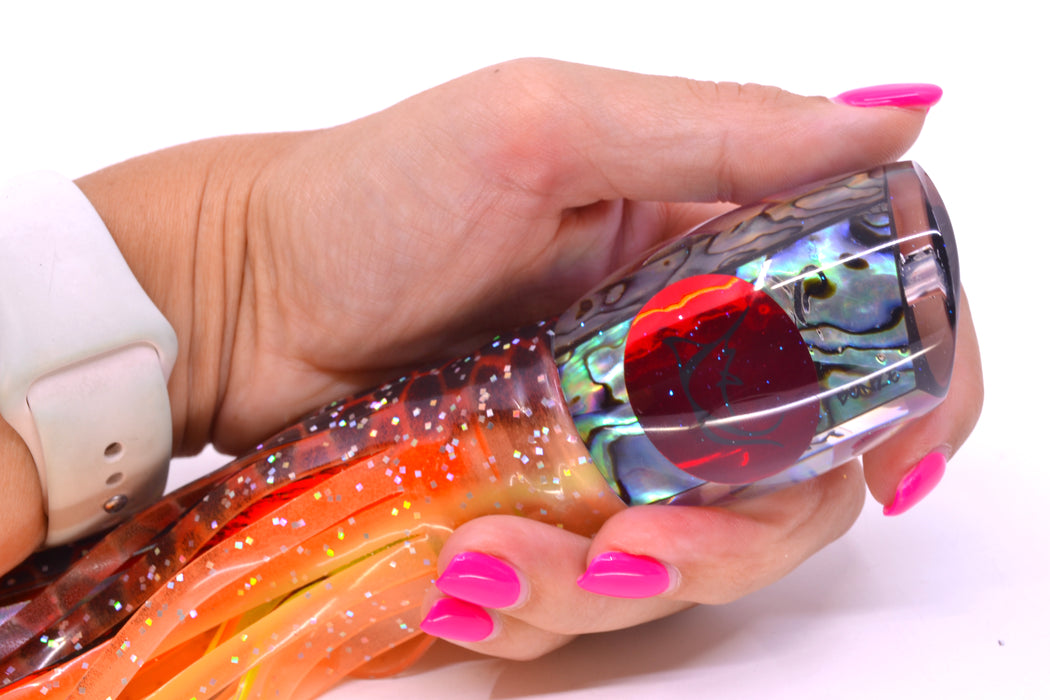 Bonze Lures Paua Shell Red Eyes ATM 10" 6oz Skirted Orange-Black Dots/Kajiki