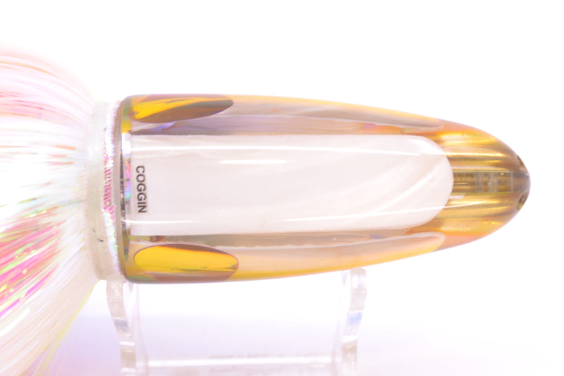 Coggin Lures White MOP Blue-Pink-Yellow Back 4-Hole Bishops Bullet 12" 7.8oz EZ Flash