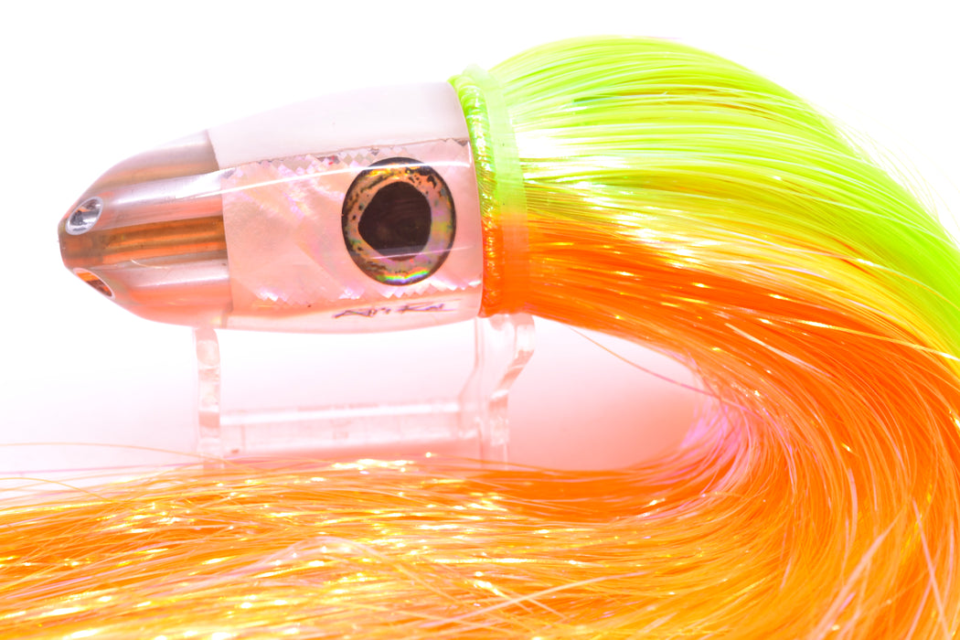 Ali'i Kai Lures White Awabi Shell UFO Jet 9"+ 6.5oz Strobez Green-Orange
