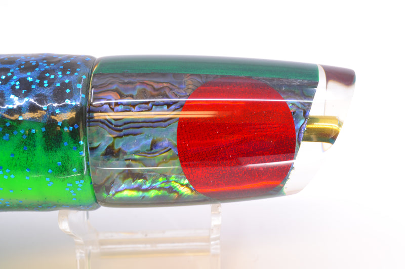 Koya Lures Paua Shell Red Eyes Straight Runner 12" 9.5oz Skirted Black Dots-Blue Dots