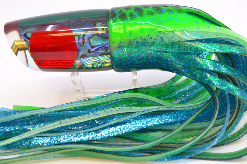 Koya Lures Paua Shell Red Eyes Straight Runner 12" 9.5oz Skirted Black Dots-Blue Dots