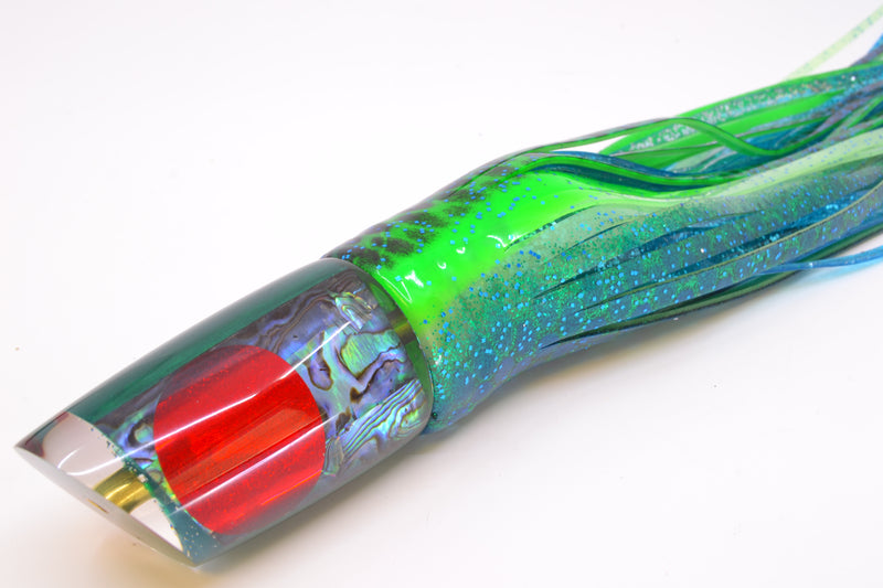 Koya Lures Paua Shell Red Eyes Straight Runner 12" 9.5oz Skirted Black Dots-Blue Dots