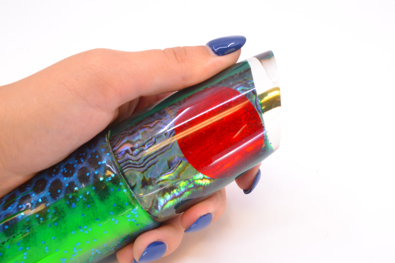 Koya Lures Paua Shell Red Eyes Straight Runner 12" 9.5oz Skirted Black Dots-Blue Dots
