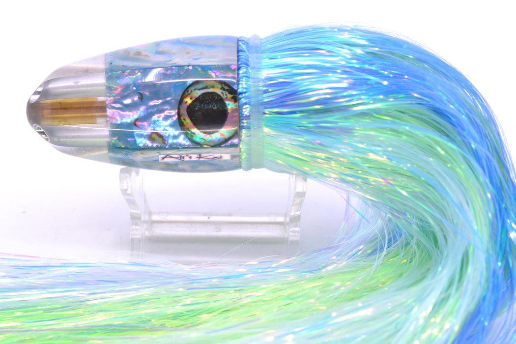 Ali'i Kai Lures Blue Awabi Shell Taxi Eyes UFO Jet 9"+ 6.5oz Flashabou Blue-Ice Blue/Green