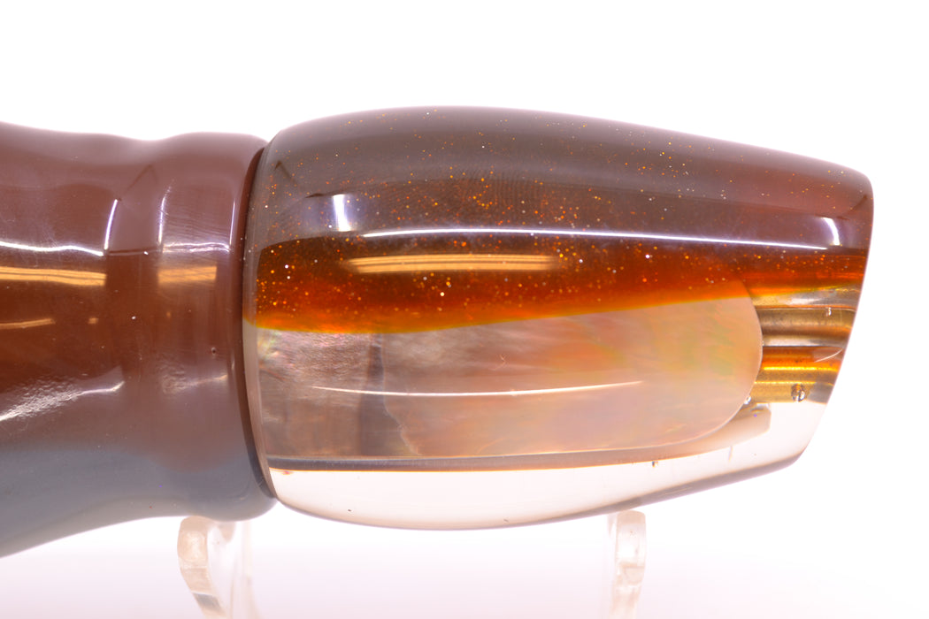 Coggin Lures Real Tahitian MOP Root Beer Back 4-Hole Copa Teardrop Slant 12" 9.4oz Skirted GZE