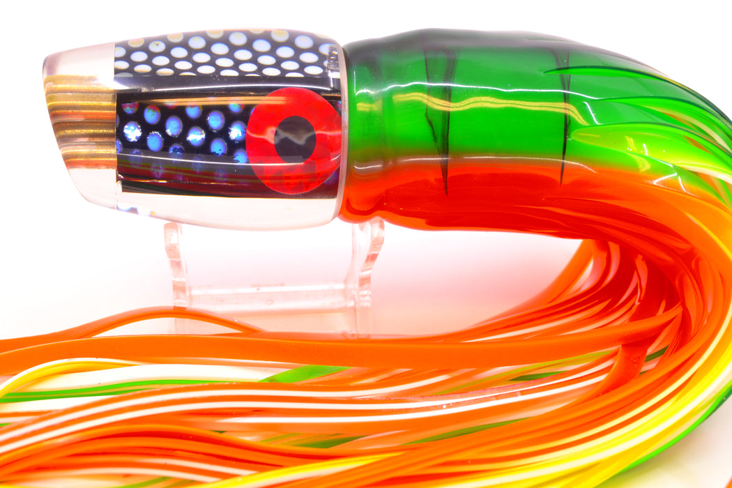 Coggin Lures Blue Dot Dichro 4-Hole Copa Teardrop Slant 12" 9.4oz Skirted Guacamaya GZE