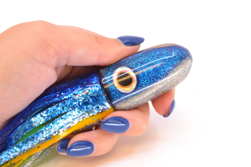 Jackpot Lures Blue-Silver Fish Head Small Bullet 9" 7oz Skirted Blue-Yellow-Silver