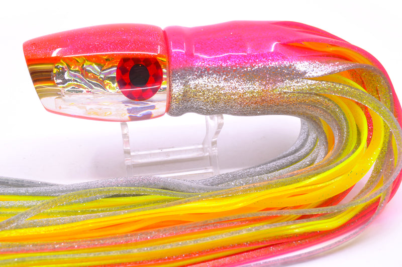 Coggin Lures Rainbow Dichro Pink-Yellow Back 4-Hole Copa Teardrop Slant 12" 9.4oz Skirted