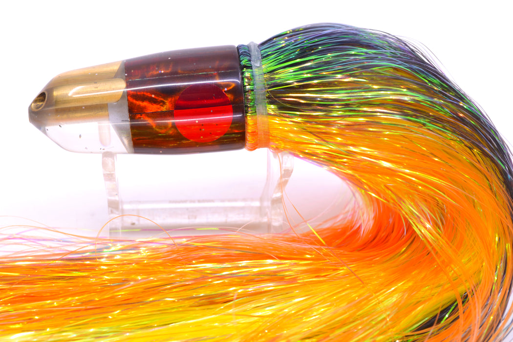 Tanigawa Lures Root Beer MOP 2-Hole Bullet 7" 6oz Flashabou Black-Orange/Yellow