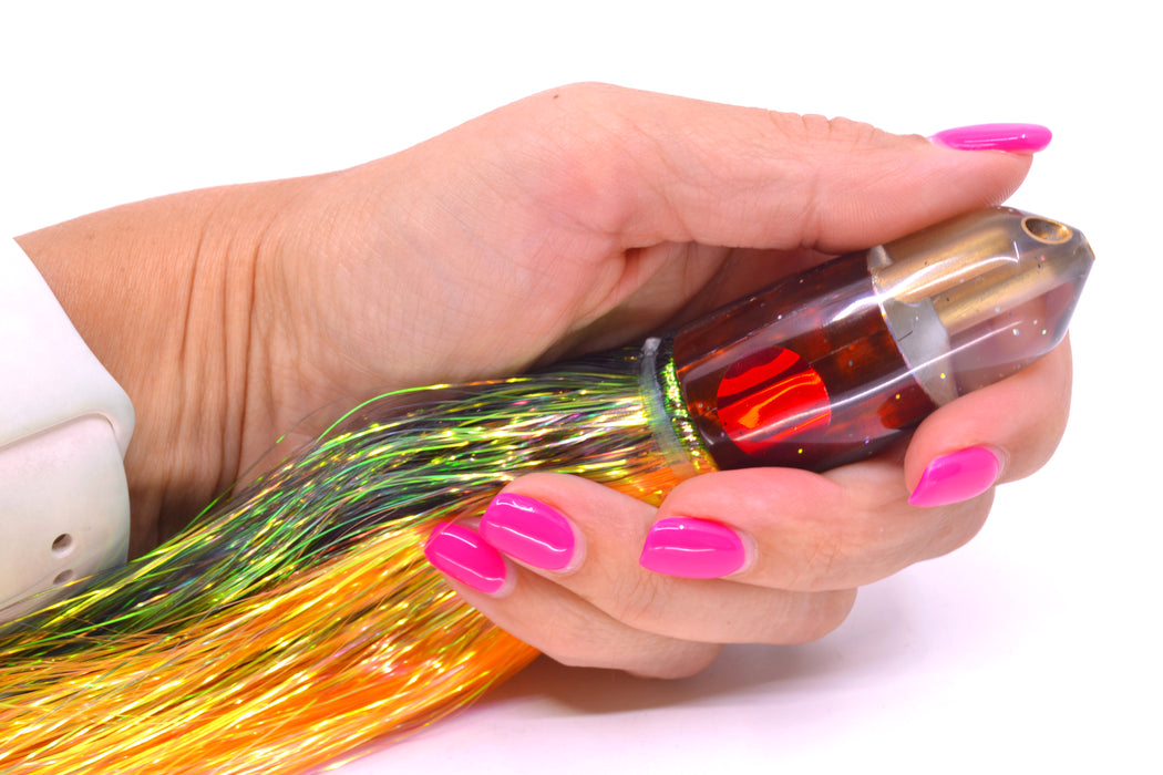 Tanigawa Lures Root Beer MOP 2-Hole Bullet 7" 6oz Flashabou Black-Orange/Yellow