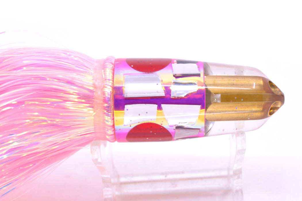 Tanigawa Lures Pink Rainbow Cracked Glass 2-Hole Bullet 7" 6oz Flashabou Pink/White