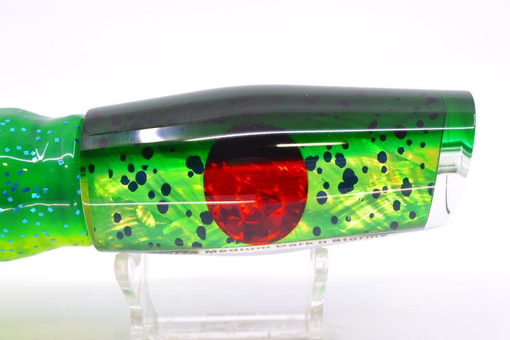 Moyes Lures Mahi MOP Green Back Red Eyes Medium Dark-N-Stormy 12" 8.5oz Skirted