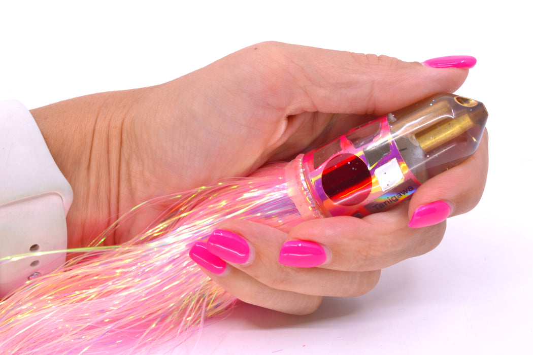 Tanigawa Lures Pink Rainbow Cracked Glass 2-Hole Bullet 7" 6oz Flashabou Pink/White