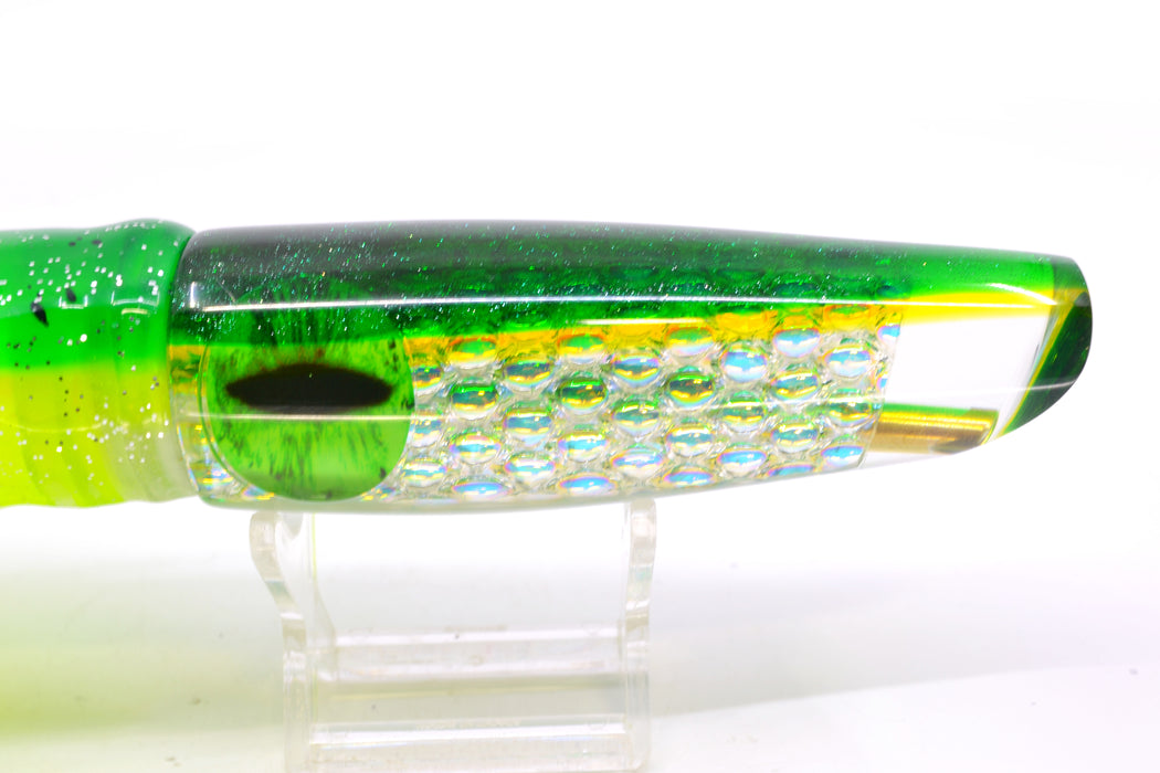 Coggin Lures Ice Rainbow Dichro Green-Yellow Back Old Style Stick Swimmer 12" 8oz Skirted