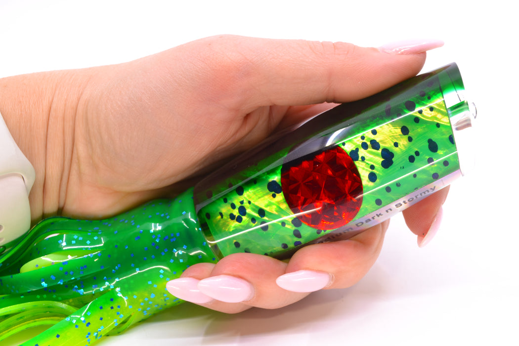 Moyes Lures Mahi MOP Green Back Red Eyes Medium Dark-N-Stormy 12" 8.5oz Skirted