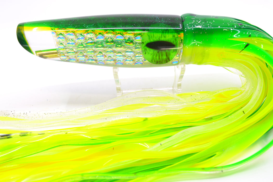 Coggin Lures Ice Rainbow Dichro Green-Yellow Back Old Style Stick Swimmer 12" 8oz Skirted