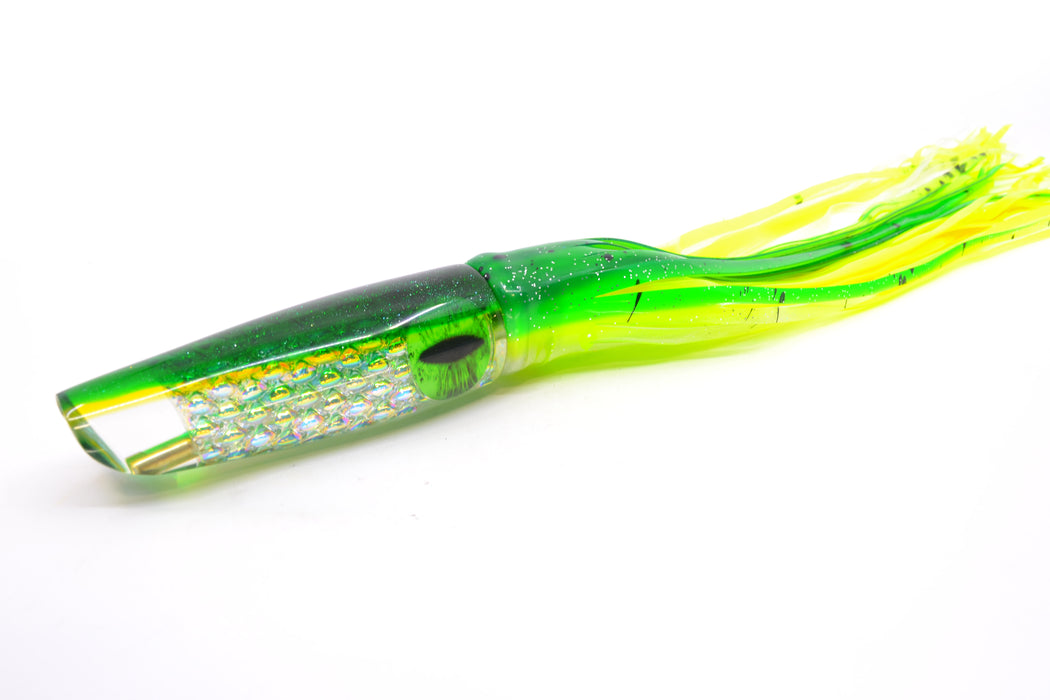 Coggin Lures Ice Rainbow Dichro Green-Yellow Back Old Style Stick Swimmer 12" 8oz Skirted