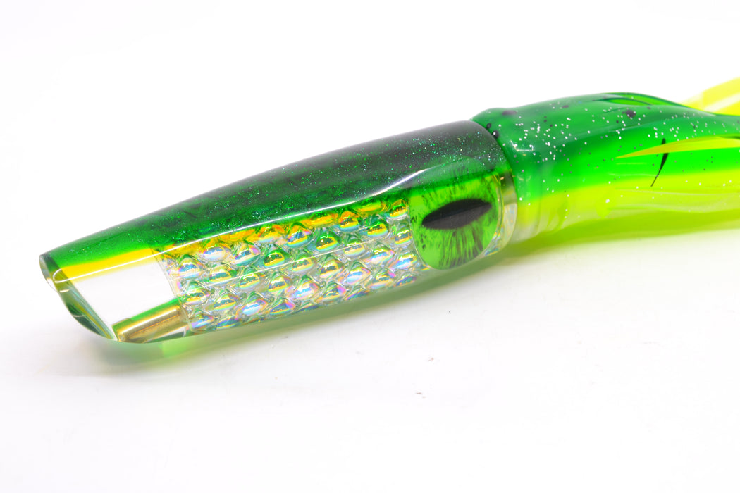 Coggin Lures Ice Rainbow Dichro Green-Yellow Back Old Style Stick Swimmer 12" 8oz Skirted