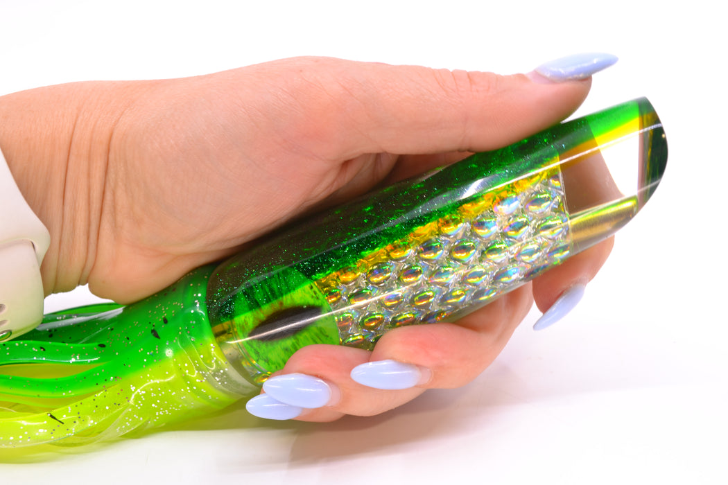 Coggin Lures Ice Rainbow Dichro Green-Yellow Back Old Style Stick Swimmer 12" 8oz Skirted
