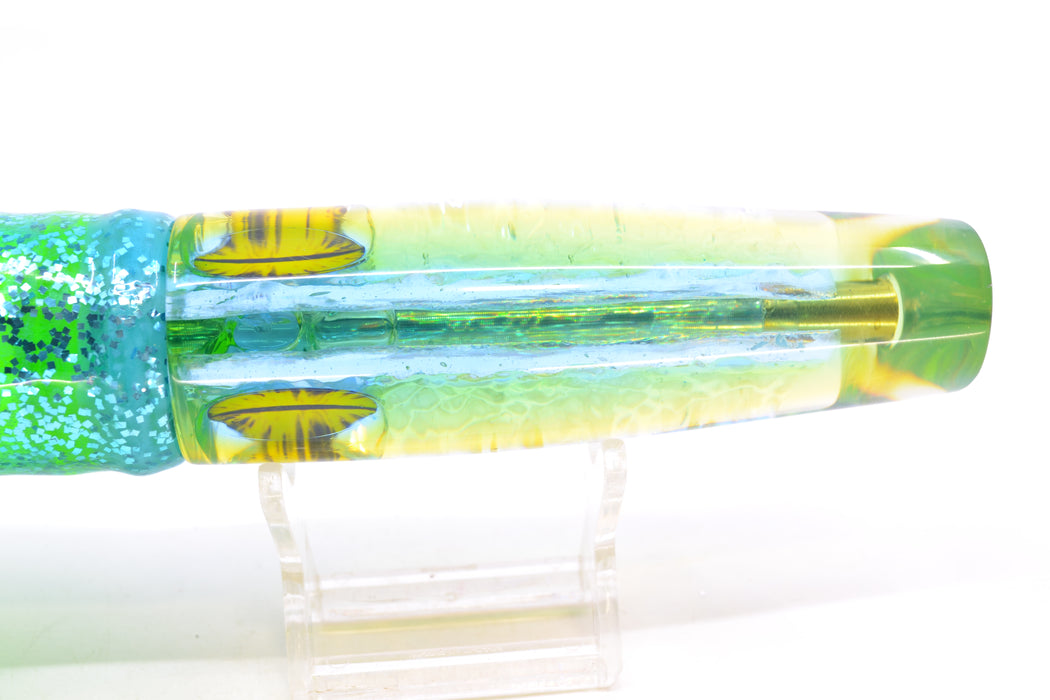 Coggin Lures Ice Rainbow Dichro Ice Blue-Yellow Back Old Style Stick Swimmer 12" 8oz Skirted
