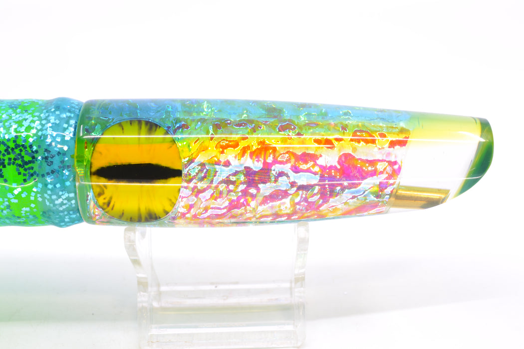 Coggin Lures Ice Rainbow Dichro Ice Blue-Yellow Back Old Style Stick Swimmer 12" 8oz Skirted