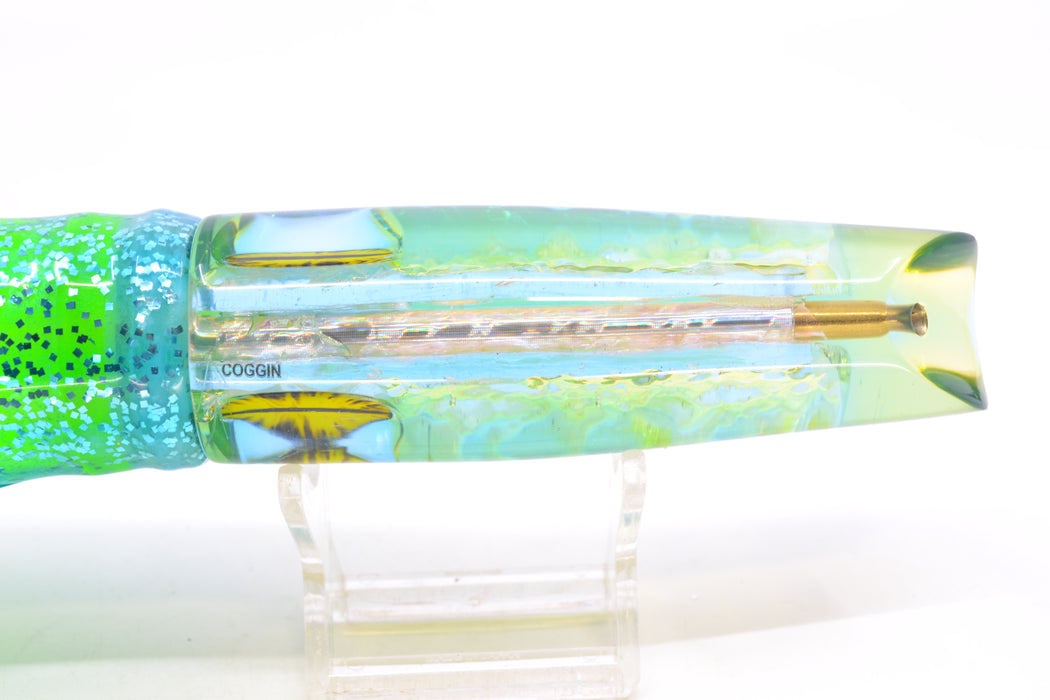 Coggin Lures Ice Rainbow Dichro Ice Blue-Yellow Back Old Style Stick Swimmer 12" 8oz Skirted
