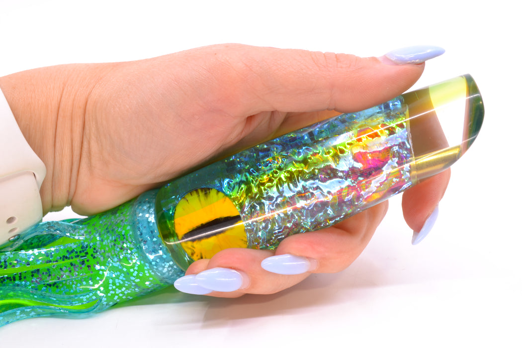 Coggin Lures Ice Rainbow Dichro Ice Blue-Yellow Back Old Style Stick Swimmer 12" 8oz Skirted