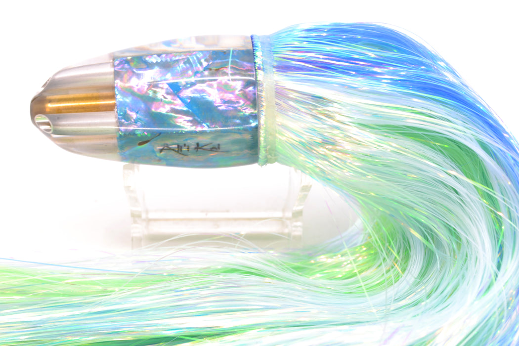 Ali'i Kai Lures Blue Awabi Shell No Eyes UFO Jet 9"+ 6.5oz Flashabou Blue-Ice Blue/Green