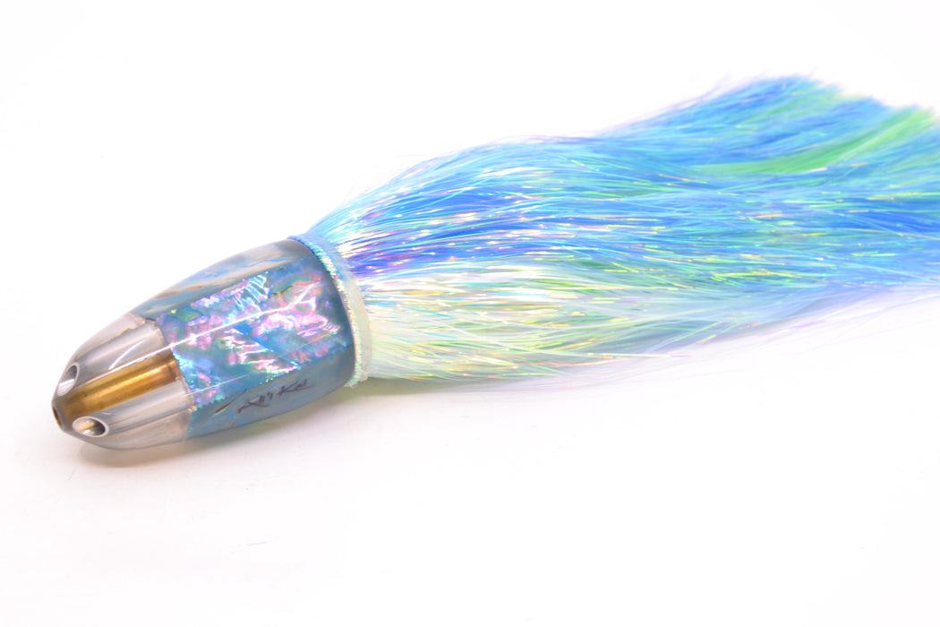 Ali'i Kai Lures Blue Awabi Shell No Eyes UFO Jet 9"+ 6.5oz Flashabou Blue-Ice Blue/Green