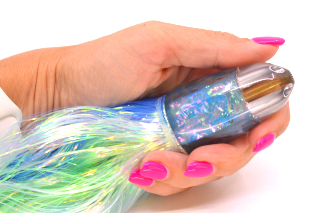 Ali'i Kai Lures Blue Awabi Shell No Eyes UFO Jet 9"+ 6.5oz Flashabou Blue-Ice Blue/Green
